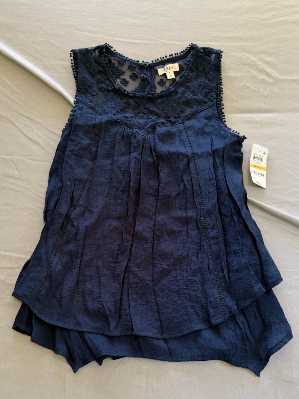 Style & Co. Women's Navy Blue Sleeveless Blouse Sheer Lace Embroidered Small New